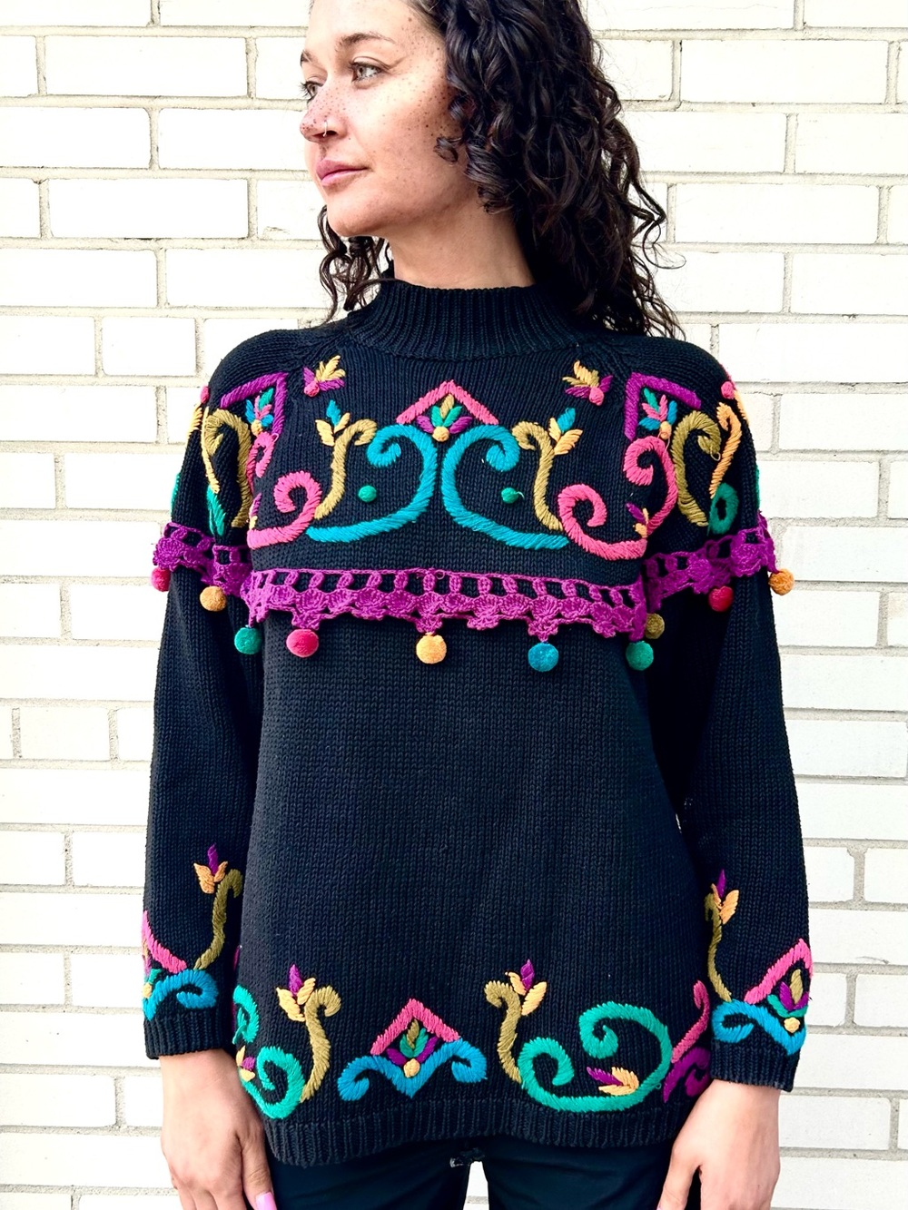 90s vintage Women's Black Cotton Embroidered Pom-Pom Half Turtleneck Sweater